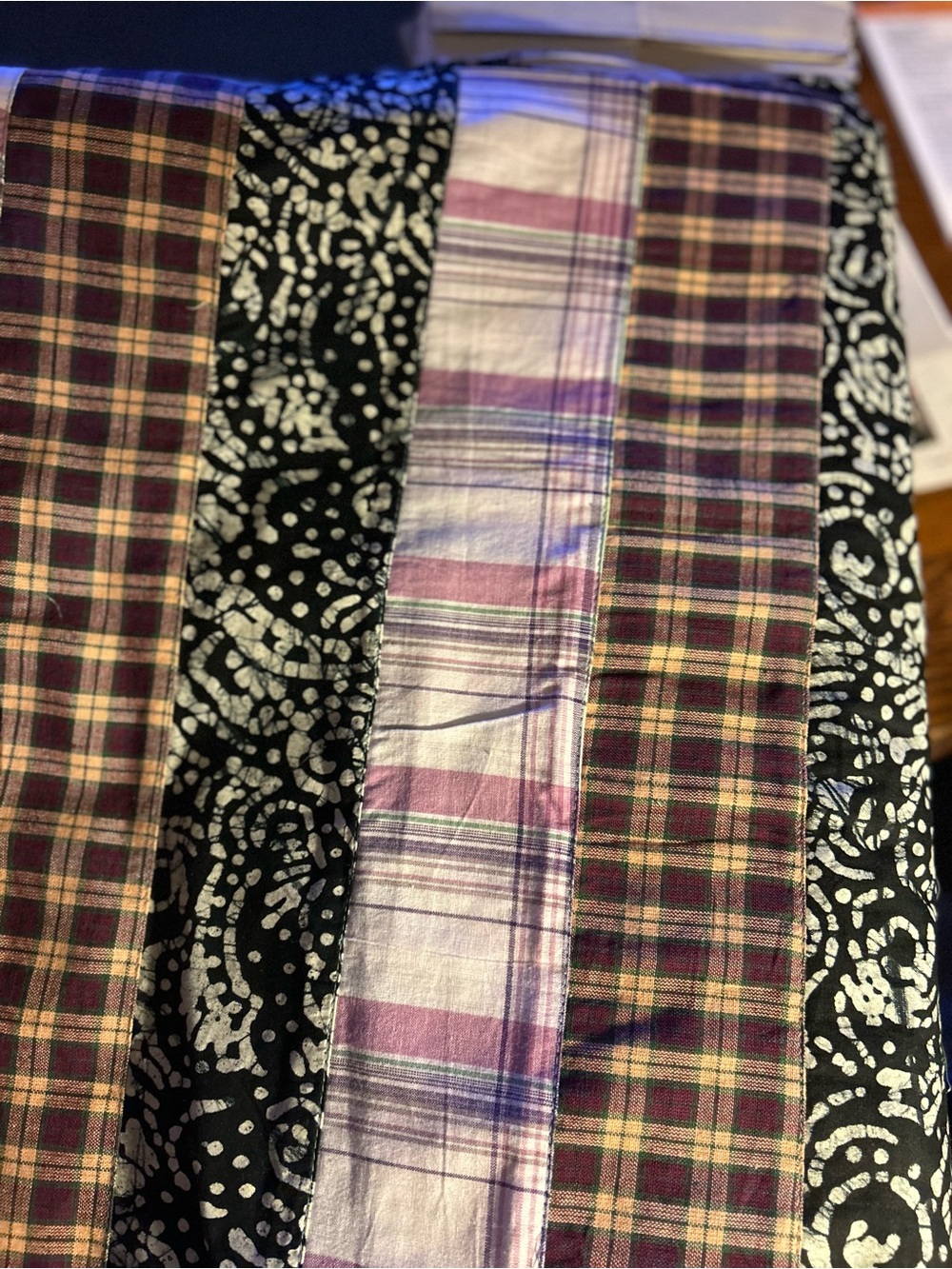 Still on bolt:fabric features strips/batik,plaid,madras. 17&2/3 ft long by42wide